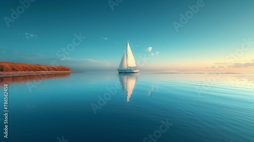 A minimalistic and calming scene of a lone sailboat on a calm lake with a reflection. AI generate illustration