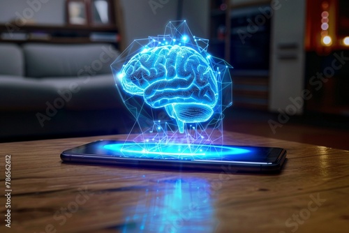 A 3D hologram of a brain being projected from a smartphone or device, indicating advanced tech in neuro studies