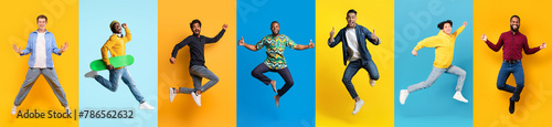 Fotografia Vibrant Collage Of Men Displaying Dynamic Poses While Jumping Against Colorful B