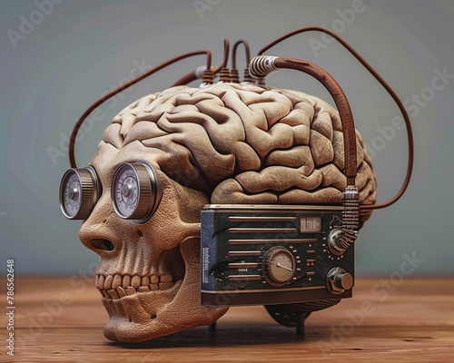 A brain styled as a retro radio, with tuning dials to adjust thoughts and emotions, merging oldtech charm with cognitive science photo