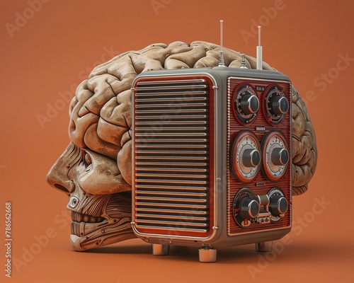 A brain styled as a retro radio, with tuning dials to adjust thoughts and emotions, merging oldtech charm with cognitive science photo