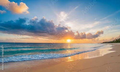 Wide golden sunset over beach with beautiful sky  tranquil relaxing atmosphere  summer mood  calmness holiday vacation theme.