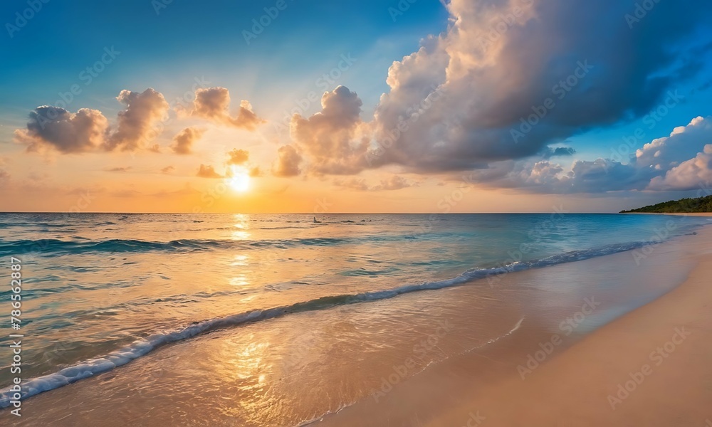 Fototapeta premium Wide golden sunset over beach with beautiful sky, tranquil relaxing atmosphere, summer mood, calmness holiday vacation theme.