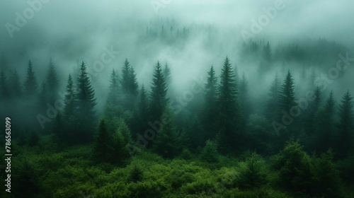 A serene and foggy forest with tall trees disappearing into the mist. AI generate illustration © PandaStockArt