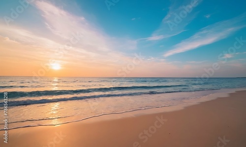 Panoramic golden sunrise over beach with beautiful sky  tranquil relaxing atmosphere  summer mood  calmness holiday vacation theme.