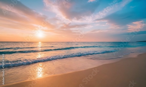 Wide golden sunrise over beach with beautiful sky, tranquil relaxing atmosphere, summer mood, calmness holiday vacation theme. © nocstic