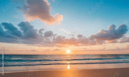 Panoramic golden sunrise over beach with beautiful sky, tranquil relaxing atmosphere, summer mood, calmness holiday vacation theme. © nocstic