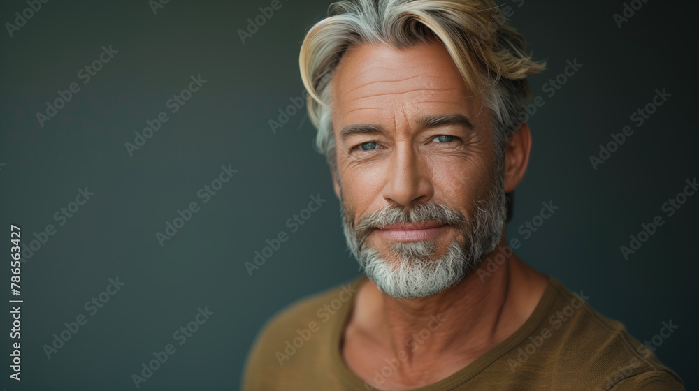 Obraz premium A man with a beard and gray hair is smiling at the camera. He is wearing a brown shirt and he is in a good mood. a handsome blonde middle aged man