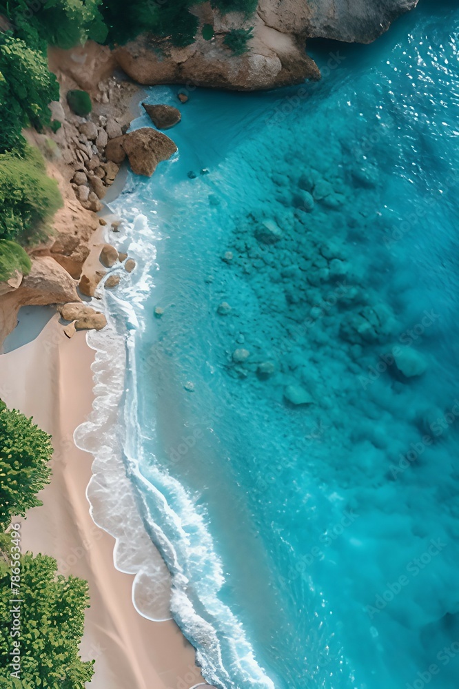 An aerial view of a tropical beach with crystal-clear blue water and white sandy shores. AI generate illustration