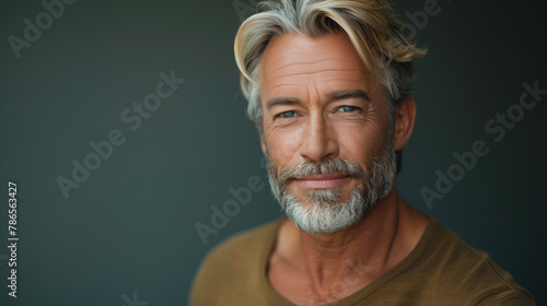 A man with a beard and gray hair is smiling at the camera. He is wearing a brown shirt and he is in a good mood. a handsome blonde middle aged man photo
