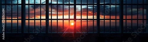 The silhouette of prison bars with a sunset in the background, denoting concepts of confinement and law enforcement , Technology concept, futuristic background