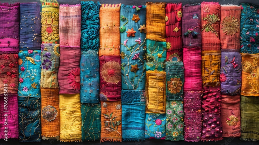 A vibrant patchwork of assorted Indian textiles, featuring a collage of colors like saffron, turquoise, and magenta. 