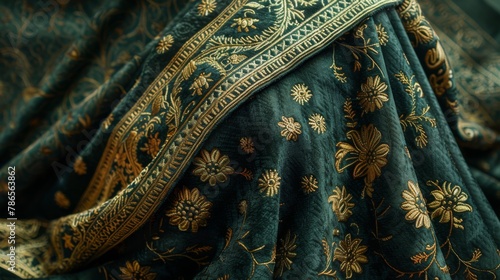 An ornate Indian velvet shawl in dark green with heavy gold embroidery.  photo