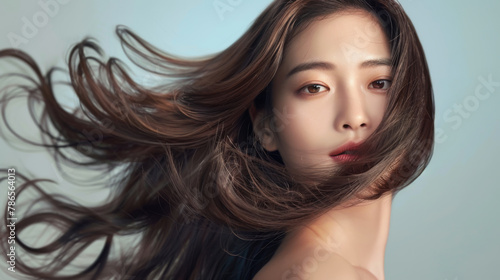 Beauty portrait of a Korean girl showing off her beautiful, long and shiny hair