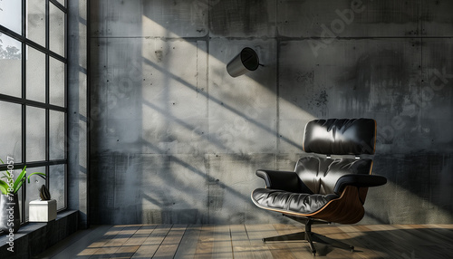 Interior concrete construction and leather armchair in the middle