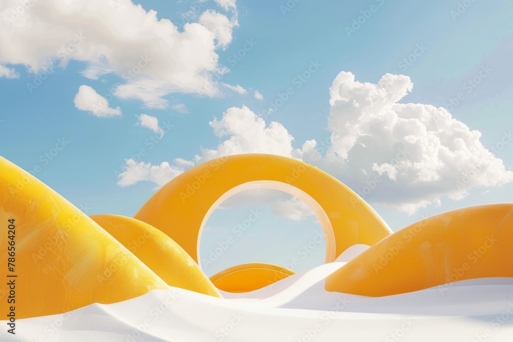A yellow archway is in the middle of a sandy landscape