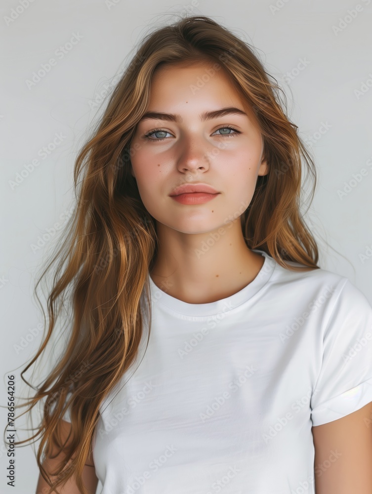 Fototapeta premium Laughing student girl wearing white T-shirt isolated on gray background, mock-up