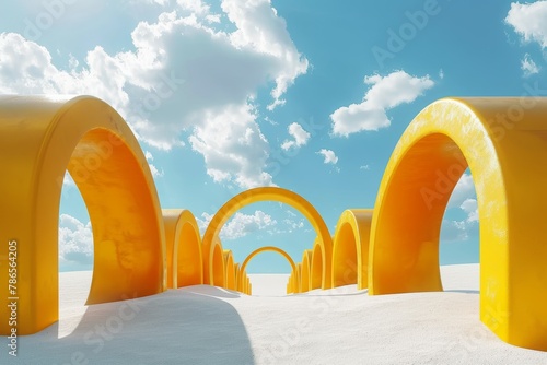A series of yellow arches are lined up in a row  creating a sense of depth