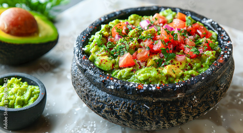 A mortar of spiced guacamole, reflecting mexican and latin american traditional food trends. Perfect for culinary travel and food articles