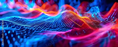 abstract depiction of sound waves interacting with digital particles