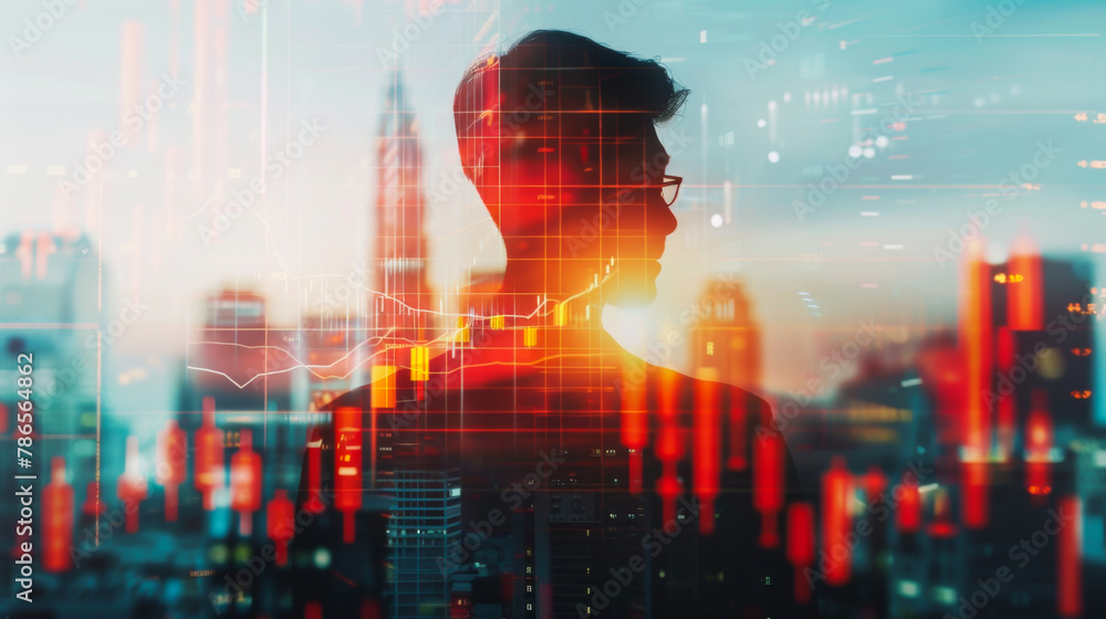 Obraz premium A man's silhouette is reflected in a city skyline with a red and orange background. Concept of loneliness and isolation, as the man is the only figure visible in the scene