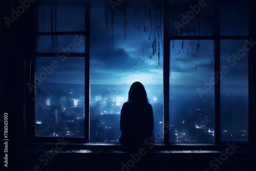 Depressed girl sitting above the window