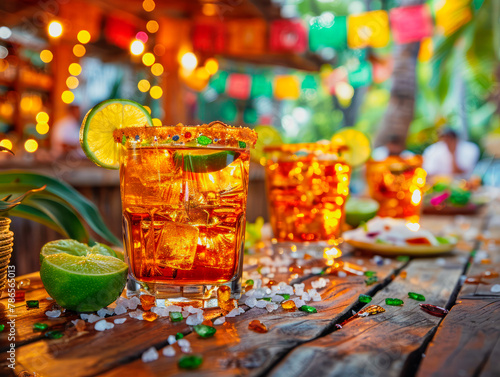 Festive golden hour tequila bar scene with citrus accents, for nightlife and party themes