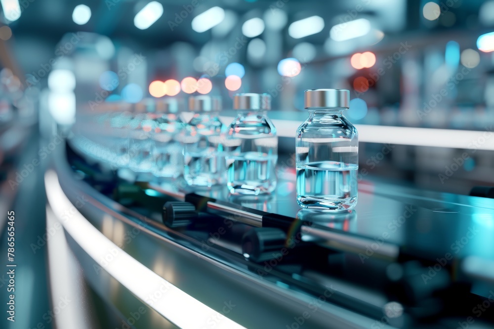 A row of bottles are lined up on a conveyor belt