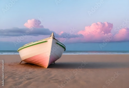 A white and green boat on a sandy beach with the ocean in the background and a sky with pink-hued clouds at sunset © nissrine
