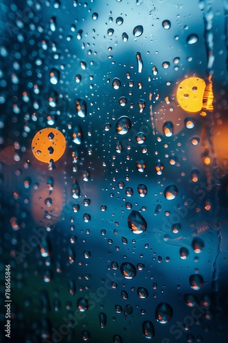 Macro illustration of raindrops on a windowpane. AI generate
