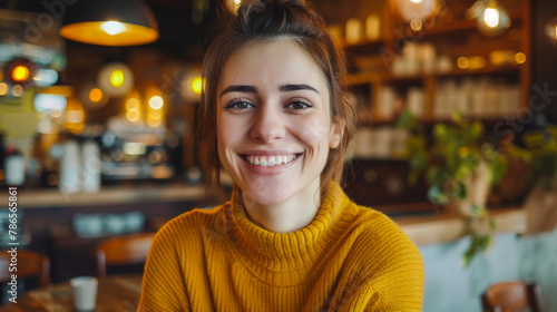 A woman in a yellow sweater is smiling at the camera. She is sitting at a table in a restaurant
