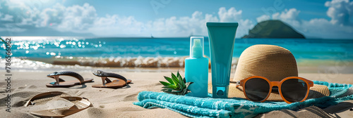 Sun Protection and Overexposure Treatment Methods: Sunscreen, After-sun Lotion, and Aloe Vera on the Beach