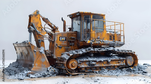 Scene of construction site with equipment, Earth-moving machine isolated on white