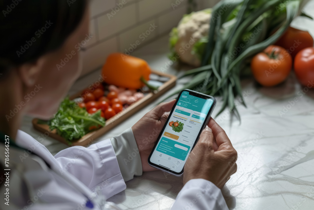 Health App on Smartphone With Fresh Vegetables