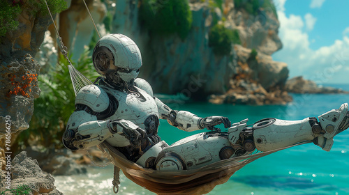 The robot is lying on a hammock resting photo
