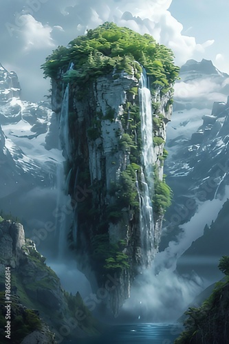 Surreal landscapes with floating islands and cascading waterfalls. AI generate illustration
