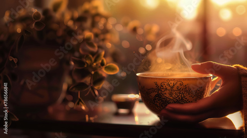 Steaming Tea Cup in a Serene Morning Scene photo