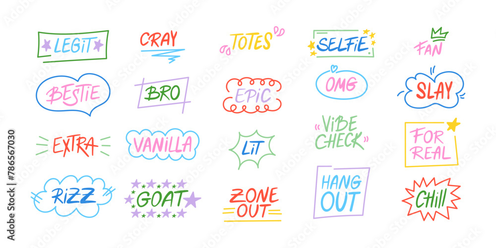 Set of slang words, hand drawn lettering of modern short phrases. Gen Z buzzword, millenial catchphrase stickers collection with colorful doodles in vector