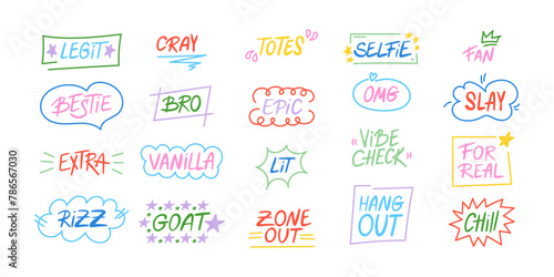 Set of slang words, hand drawn lettering of modern short phrases. Gen Z buzzword, millenial catchphrase stickers collection with colorful doodles in vector