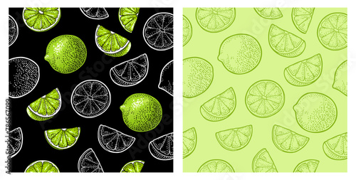 Seamless pattern fresh whole and slice lime. Isolated on white