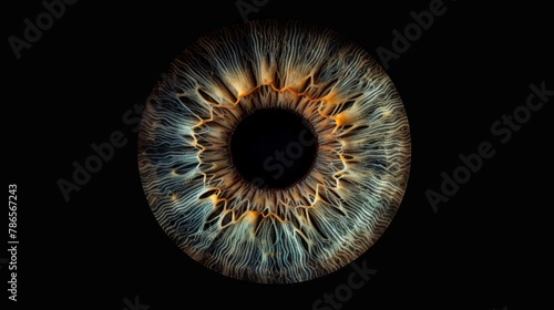 Eye iris macro on a black background. Human eyeball close up. The cornea is brown in color. Detailed texture. photo