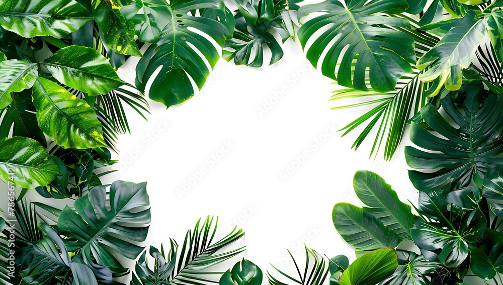 Tropical plants frame an isolated area on a white background with empty space in the center for text or design. Jungle leaves form a border in the style of nature. generative AI Tropical plants frame an isolated area on a white background with empty space in the center for text or design. Jungle leaves form a border in the style of nature. generative AI