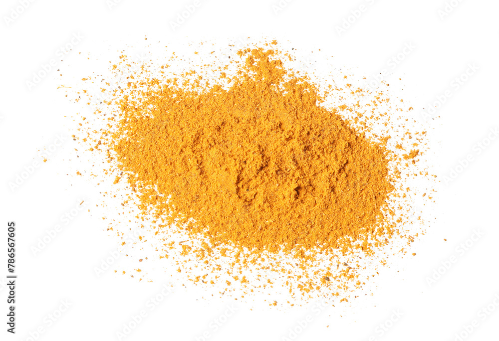 Dry curry powder isolated on white, top view Dry curry powder isolated on white, top view