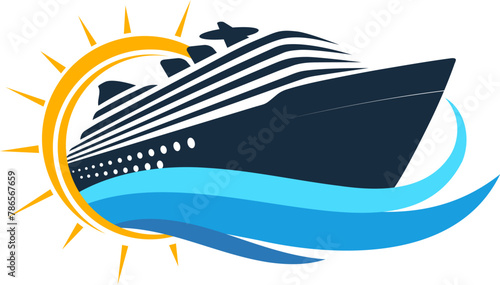 Cruise ship on blue sea waves and sun. Design for travel and sea holidays