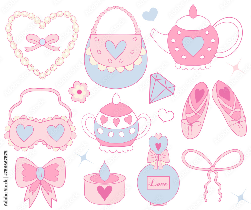 Cute pink retro 90s coquette style set with Beautiful dishes, bow, perfume. Princess collection. Vector illustration Cute pink retro 90s coquette style set with Beautiful dishes, bow, perfume. Princess collection. Vector illustration