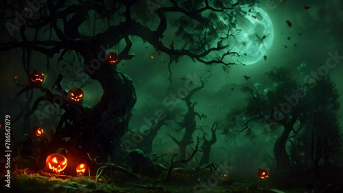 Wallpaper Mural A haunting forest scene featuring pumpkins scattered on the forest floor, Dark moonlit forest with wandering jack o' lanterns Torontodigital.ca