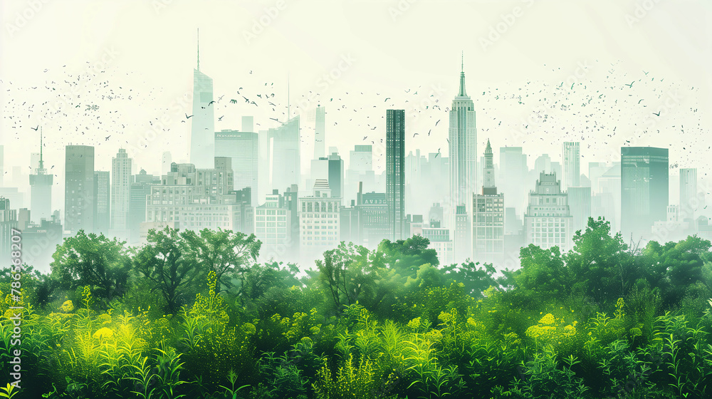 A vibrant urban park with lush greenery in the foreground blends into a misty city skyline teeming with birds in flight..
