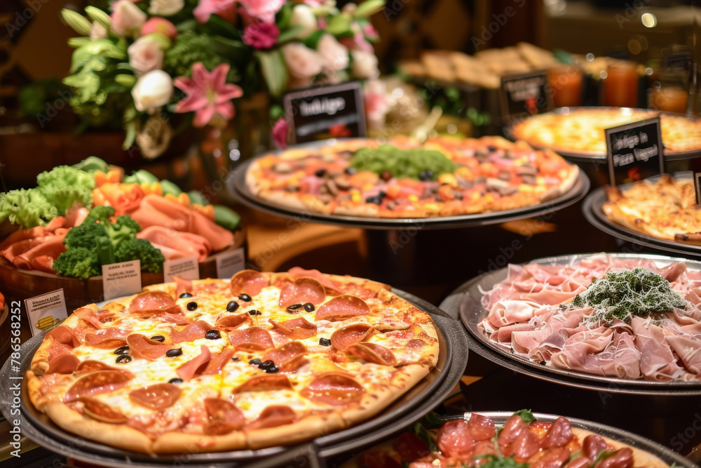 Obraz premium Assorted Pizzas on Buffet Display for Dining