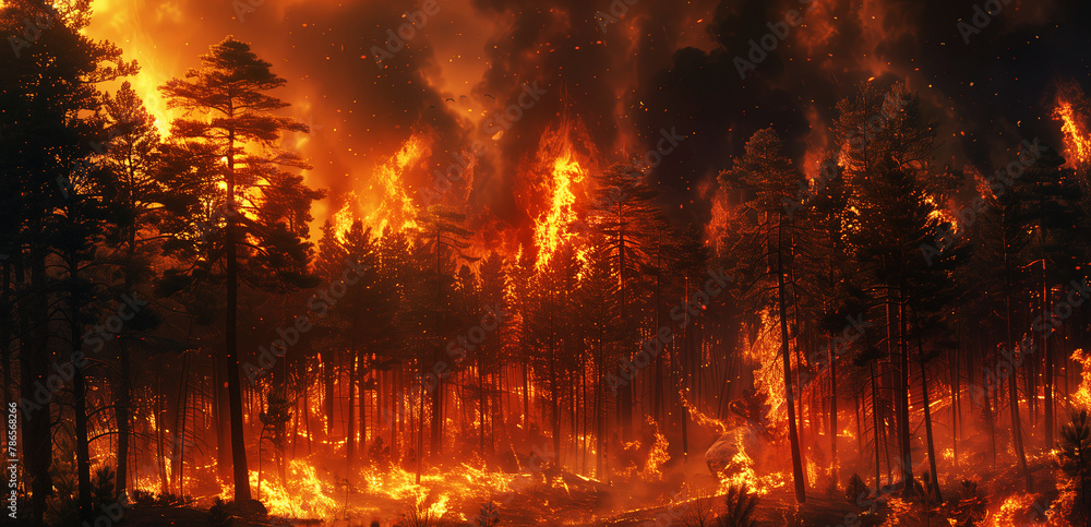 A violent wildfire consumes a forest at dusk, with towering flames and smoke rising against the evening sky. A violent wildfire consumes a forest at dusk, with towering flames and smoke rising against the evening sky.