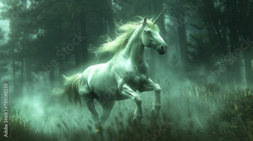 Mystical Unicorn Galloping in Misty Forest.